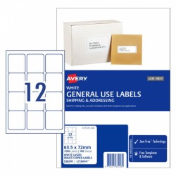 Avery General Use Labels - 63.5 x 72 mm 12UP - 1200 Labels - 100 Sheets