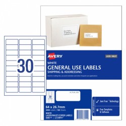 Avery General Use Labels - 64 x 26.7 mm 30UP - 3000 Labels - 100 Sheets