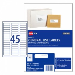Avery General Use Labels - 58 x 17.8 mm 45UP - 4500 Labels - 100 Sheets
