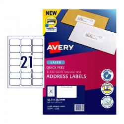 Avery Quick Peel Address Labels with Sure Feed - 63.5 x 38.1 mm 21UP - 420 Labels - 20 Sheets