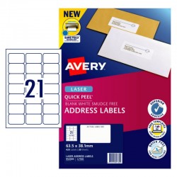 Avery Quick Peel Address Labels with Sure Feed - 63.5 x 38.1 mm 21UP - 420 Labels - 20 Sheets