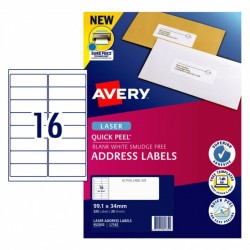 Avery Quick Peel Address Labels with Sure Feed - 99.1 x 34 mm 16UP - 320 Labels - 20 Sheets