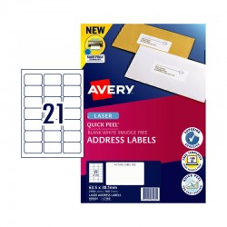 Avery Quick Peel Address Labels with Sure Feed - 63.5 x 38.1 mm 21UP - 2100 Labels - 100 Sheets