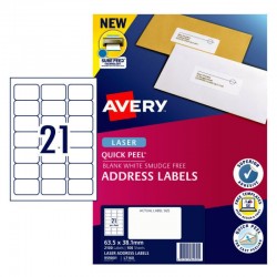 Avery Quick Peel Address Labels with Sure Feed - 63.5 x 38.1 mm 21UP - 2100 Labels - 100 Sheets