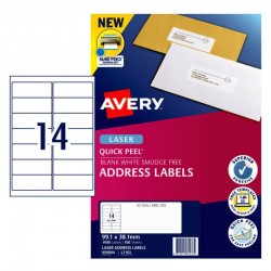 Avery Quick Peel Address Labels with Sure Feed - 99.1 x 38.1 mm 14UP - 1400 Labels - 100 Sheets