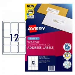 Avery Quick Peel Address Labels with Sure Feed - 63.5 x 72 mm 12UP - 1200 Labels - 100 Sheets