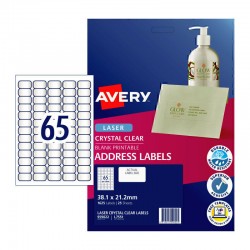 Avery Crystal Clear Address Labels - 38.1 x 21.2 mm 65UP - 1625 Labels - 25 Sheets