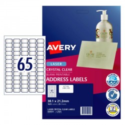 Avery Crystal Clear Address Labels - 38.1 x 21.2 mm 65UP - 1625 Labels - 25 Sheets