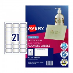 Avery Crystal Clear Address Labels - 63.5 x 38.1 mm 21UP - 525 Labels - 25 Sheets