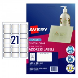 Avery Crystal Clear Address Labels - 63.5 x 38.1 mm 21UP - 525 Labels - 25 Sheets