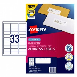 Avery Quick Peel Address Labels with Sure Feed - 64 x 24.3 mm 33UP - 3300 Labels - 100 Sheets