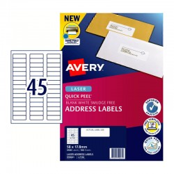 Avery Quick Peel Address Labels with Sure Feed - 58 x 17.8 mm 45UP - 4500 Labels - 100 Sheets