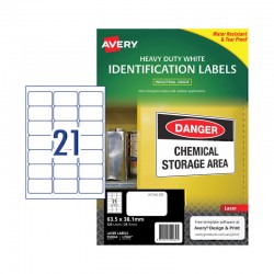 Avery White Heavy Duty Labels - 63.5 x 38.1 mm 21UP - 525 Labels - 25 Sheets