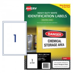 Avery White Heavy Duty Labels - 199.6 x 289.1 mm 1UP - 25 Labels - 25 Sheets