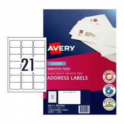 Avery Address Labels with Smooth Feed - 63.5 x 38.1 mm 21UP - 5250 Labels - 250 Sheets