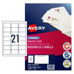 Avery Address Labels with Smooth Feed - 63.5 x 38.1 mm 21UP - 5250 Labels - 250 Sheets