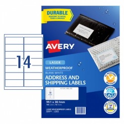 Avery Waterproof Address Labels - 99.1 x 38.1 mm 14UP - 140 Labels - 10 Sheets