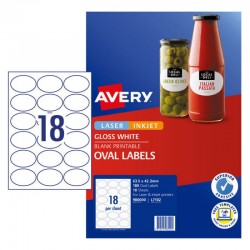 Avery Glossy Oval Labels - 63.5 x 42.3 mm 18UP - 180 Labels - 10 Sheets