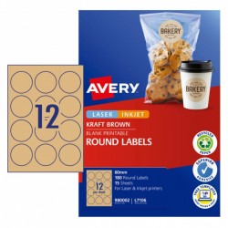 Avery Kraft Brown Round Labels - 60 mm 12UP - 180 Labels - 15 Sheets