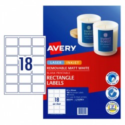 Avery Matt Rectangle Labels - 62 x 42 mm 18UP - 180 Labels - 10 Sheets