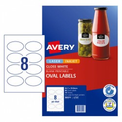 Avery Glossy Oval Labels - 84.7 x 50.8 mm 8UP - 80 Labels - 10 Sheets