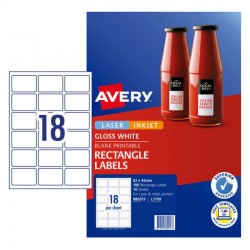 Avery Glossy Rectangle Labels - 62 x 42 mm 18UP - 180 Labels - 10 Sheets
