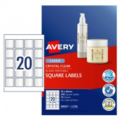 Avery Crystal Clear Square Labels - 45 x 45 mm 20UP - 200 Labels - 10 Sheets