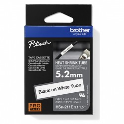 Brother HSe-211E Black on White Heat Shrink Tube Label Tape - 5.2mm x 1.5m
