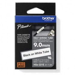 Brother HSe-221E Black on White Heat Shrink Tube Label Tape - 9mm x 1.5m
