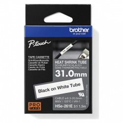 Brother HSe-261E Black on White Heat Shrink Tube Label Tape - 31mm x 1.5m