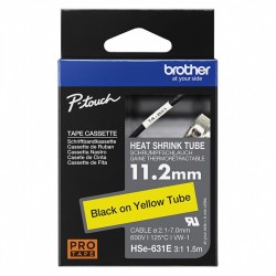 Brother HSe-631E Black on Yellow Heat Shrink Tube Label Tape - 11.2mm x 1.5m