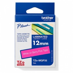 Brother TZe-MQP35 White on Berry Pink Laminated Label Tape - 12mm x 5m