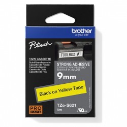 Brother TZe-S621 Black on Yellow Strong Adhesive Label Tape - 9mm x 8m