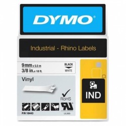DYMO 18443 Black on White Industrial Rhino Vinyl Label Tape - 9mm x 5.5m