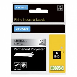 DYMO 18487 Metalized Black on White Industrial Rhino Permanent Polyester Label Tape - 19mm x 5.5m