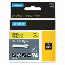 DYMO 18490 Black on Yellow Industrial Rhino Flexible Nylon Label Tape - 12mm x 3.5m