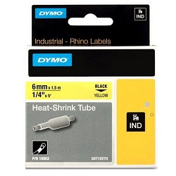 DYMO 18052 Black on Yellow Industrial Rhino Heat-Shrink Tube Label Tape - 6mm x 1.5m
