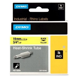 DYMO 18058 Black on Yellow Industrial Rhino Heat-Shrink Tube Label Tape - 19mm x 1.5m