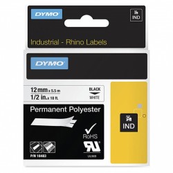 5 Pack DYMO 18483 Black on White Industrial Rhino Permanent Polyester Label Tape - 12mm x 5.5m
