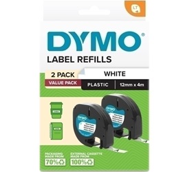 2 Pack DYMO 2191235 Black on White Plastic LetraTag Label Tapes - 12mm x 4m