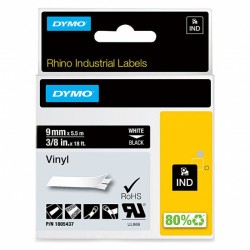 5 Pack Dymo 1805437 White on Black Industrial Rhino Vinyl Label Tape - 9mm x 5.5m