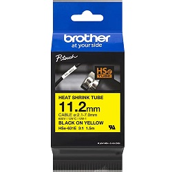 Brother HSe-631E Black on Yellow Heat Shrink Tube Label Tape - 11.2mm x 1.5m