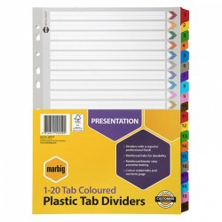 Marbig Indices & Dividers 1-20 Tab Reinforced A4 Multi Colours