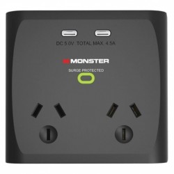 Monster Dual Socket Surge Protector with Dual USB-C Ports - Black
