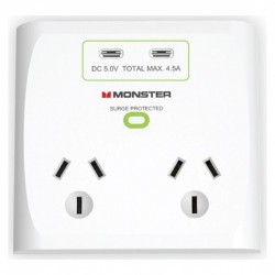 Monster Dual Socket Surge Protector with Dual USB-C Ports - White