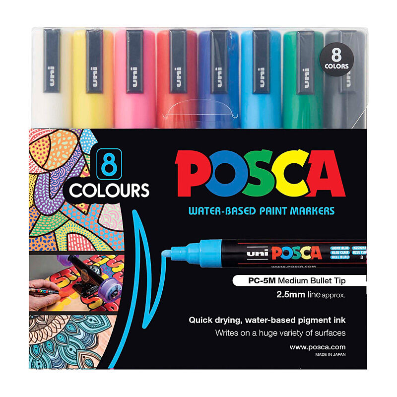 POSCA PC-5M Paint Markers Medium Bullet Tip - Assorted Colours - Pack of 8