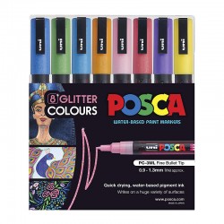 POSCA PC-3M Paint Markers Fine Bullet Tip - Assorted Glitter Colours - Pack of 8