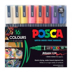 POSCA PC5BR Water-Based Brush Tip Paint Markers - Assorted Colours - Pack of 16