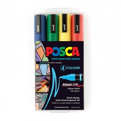 POSCA PC5BR Water-based Brush Tip Paint Markers - Assorted Colours - Pack of 4