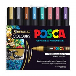 POSCA PC-5M Paint Markers Medium Bullet Tip - Metallic Assorted Colours - Pack of 8